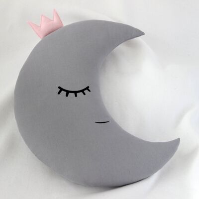 Gray Crescent Moon Cushion With Pink Crown