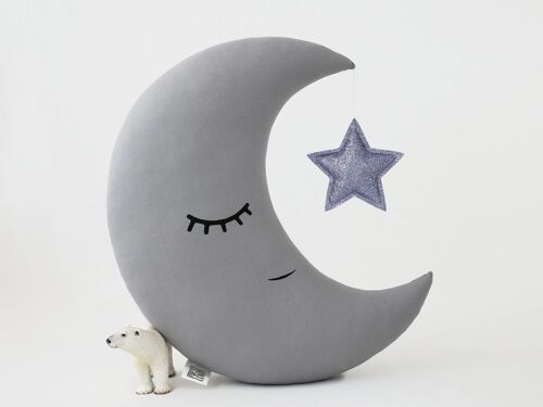 Gray Crescent Moon Cushion With Lavender Star