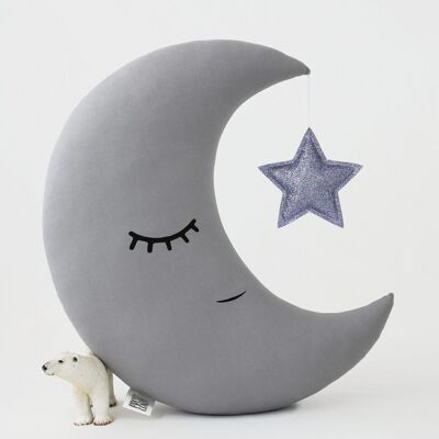 Gray Crescent Moon Cushion With Lavender Star