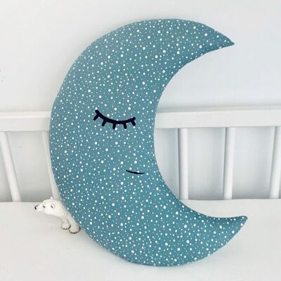 Teal Crescent Moon Cushion With White Dots