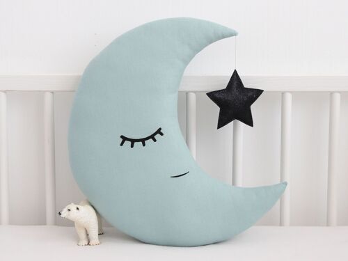 Dusty Mint Crescent Moon Cushion With Black Star