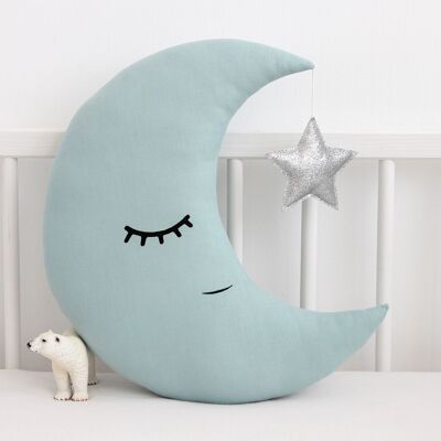 Cojín Dusty Mint Crescent Moon con estrella plateada