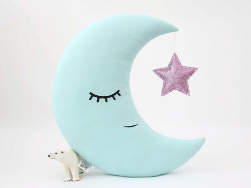 Mint Crescent Moon Cushion With Pink Star