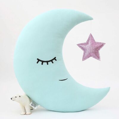 Mint Crescent Moon Cushion With Pink Star