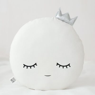 White Full Moon Cushion With Silver Crown