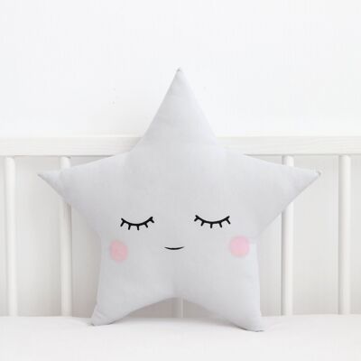 Sleepy Light Gray Star Cushion With Pink Cheeks