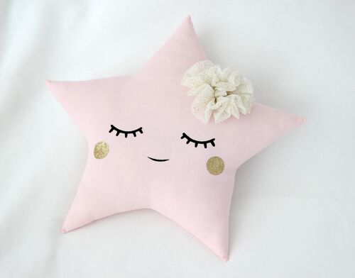 Sleepy Pink Star Cushion With Tulle Flower And Gold Cheeks