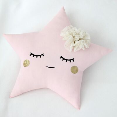 Sleepy Pink Star Cushion With Tulle Flower And Gold Cheeks