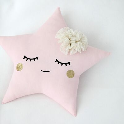 Sleepy Pink Star Cushion With Tulle Flower And Gold Cheeks