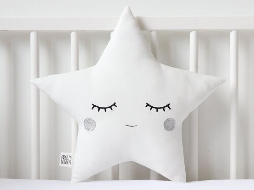 Sleepy White Star Cushion With Silver Cheeks