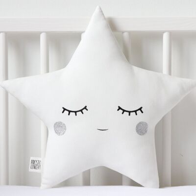Sleepy White Star Cushion With Silver Cheeks