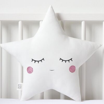 Sleepy White Star Cushion With Pink Cheeks