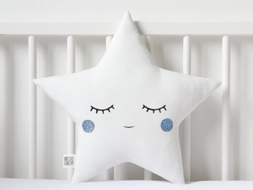 Sleepy White Star Cushion With Blue Cheeks