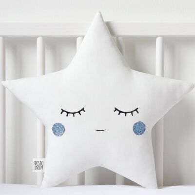 Sleepy White Star Cushion With Blue Cheeks