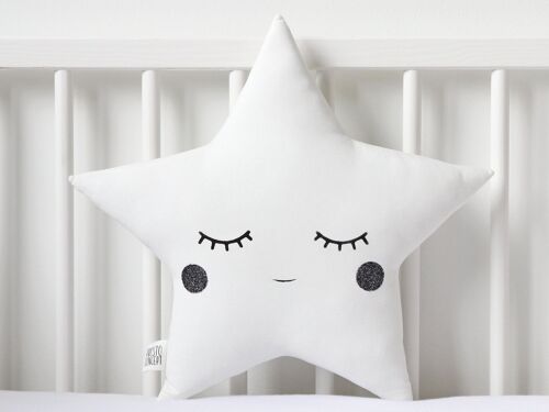 Sleepy White Star Cushion With Black Cheeks