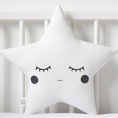 Sleepy White Star Cushion With Black Cheeks