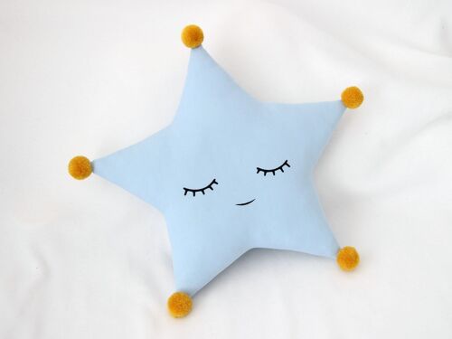 Sleepy Baby Blue Star Cushion With Mustard Pompom