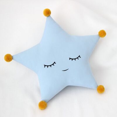 Coussin étoile Sleepy bleu ciel avec pompon moutarde