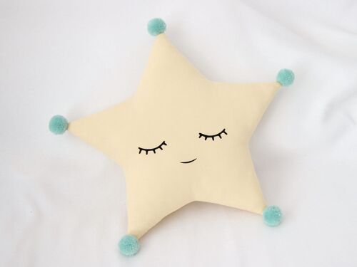 Sleepy Yellow Star Cushion With Mint Pompom