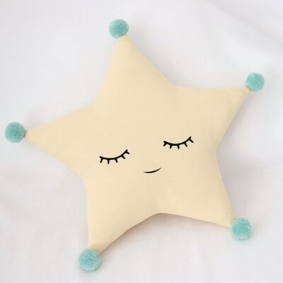 Sleepy Yellow Star Cushion With Mint Pompom