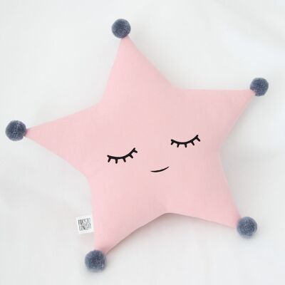 Cuscino a forma di stella rosa assonnato con pompon grigio