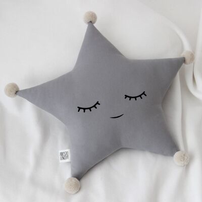 Sleepy Gray Star Cushion With Beige Pompom