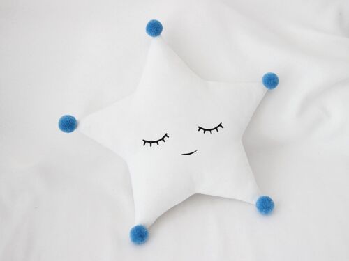 Sleepy White Star Cushion With Blue Pompom