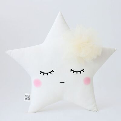 Sleepy White Star Cushion With Champagne Tulle Flower And Pink Cheeks