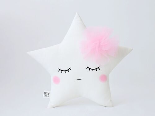 Sleepy White Star Cushion With Pink Tulle Flower And Pink Cheeks