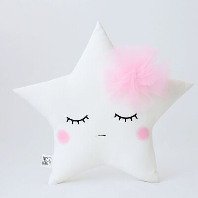 Cuscino a stella bianca assonnato con fiore di tulle rosa e guance rosa