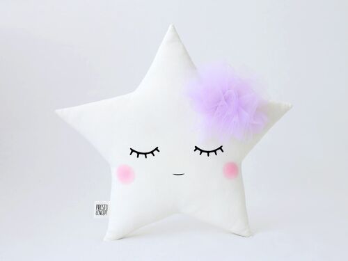 Sleepy White Star Cushion With Lavender Tulle Flower And Pink Cheeks
