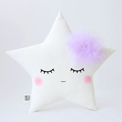 Sleepy White Star Kissen mit Lavendel-Tüll-Blume und rosa Wangen