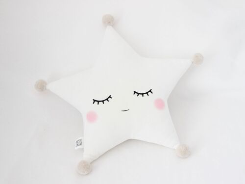 Sleepy White Star Cushion With Beige Pompom And Pink Cheeks