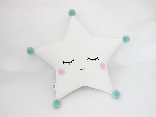 Sleepy White Star Cushion With Mint Pompom And Pink Cheeks