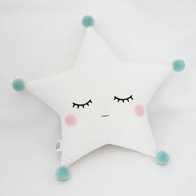 Cuscino Sleepy White Star con pompon color menta e guance rosa
