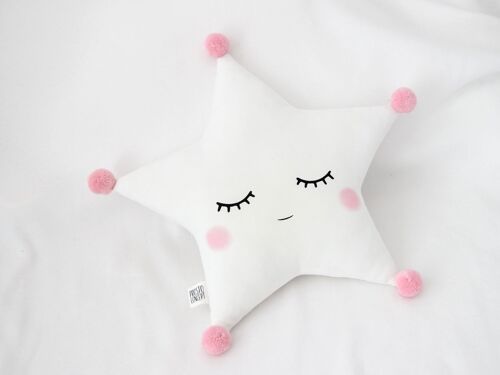 Sleepy White Star Cushion With Pink Pompom And Pink Cheeks