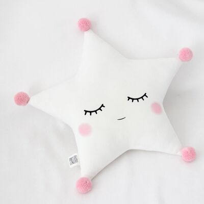 Sleepy White Star Cushion With Pink Pompom And Pink Cheeks