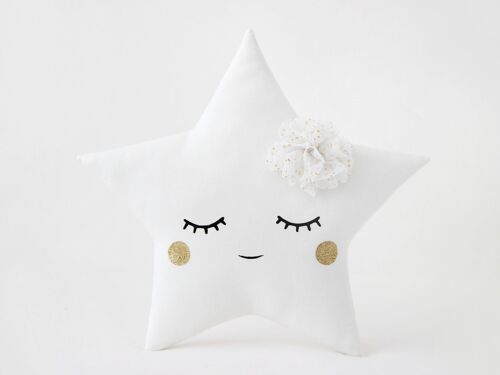 Sleepy White Star Cushion With White Tulle Flower And Gold Cheeks