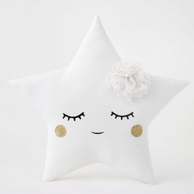 Sleepy White Star Cushion With White Tulle Flower And Gold Cheeks