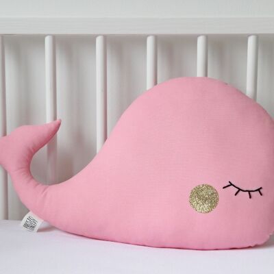 Coussin Baleine Rose Aux Joues Dorées