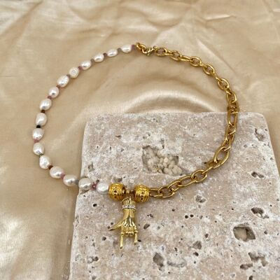 Collar de perlas Mano Cornuto - Chapado en oro