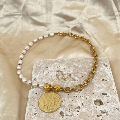 Gold Coin Pearl Necklace - Gold Plated