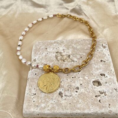 Gold Coin Pearl Necklace - Gold Plated