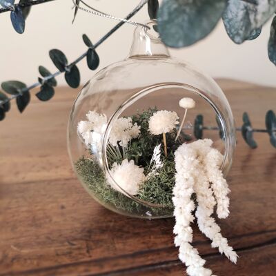 Boule en verre avec jardin durable en fleurs séchées et stabilisées Colombe