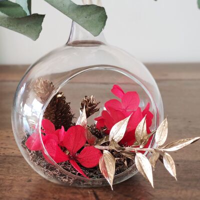 Boule en verre avec petit jardin durable en fleurs séchées et stabilisées, Santa
