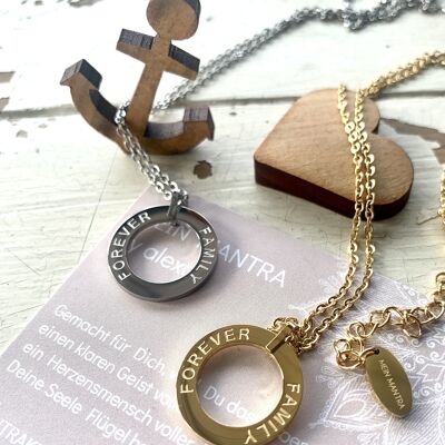 "FAMILY FOREVER" MANTRA NECKLACE stainless steel silver/gold 45+5cm