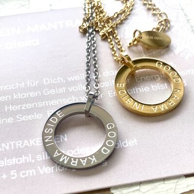 "GOOD KARMA INSIDE" MANTRA NECKLACE stainless steel silver/gold 45+5cm