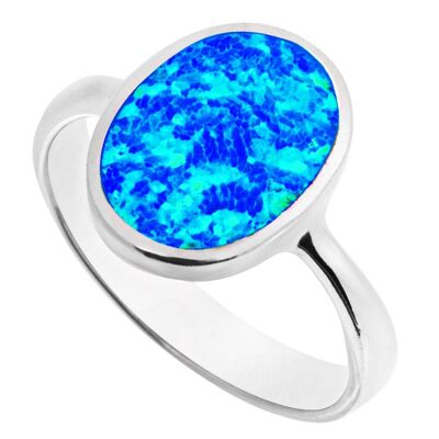 Hermoso anillo ovalado grande de ópalo azul