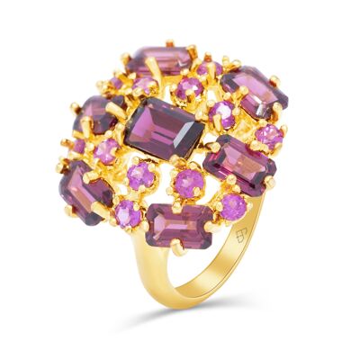 Elegante anello con granato rodolite viola, argento sterling e oro 14 carati VERMEIL, potenti pietre portafortuna per la donna di oggi, ortensia