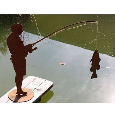 Deco laghetto pescatore figura "Otmar" con pesce | su piastra base | Idea regalo per gli appassionati di pesca in patina